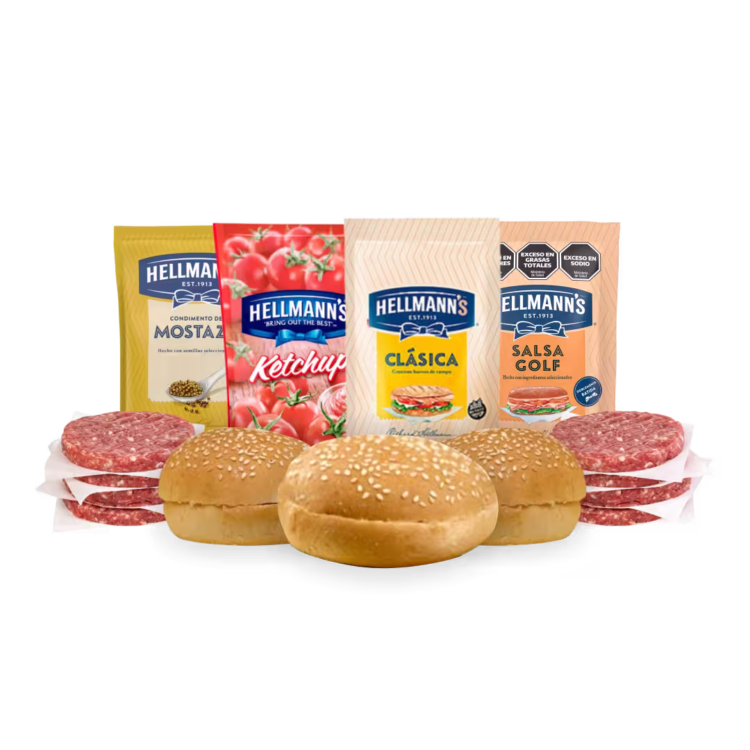 84 hamburguesas xl (120g) + 84 panes brioche + 4 aderezos hellman's
